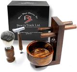 BeautyTrack Vintage Pure Wood Shaving Kit Gift for Men - Safety Razor - Shaving Beard Brush Best Badger Hair Shaver Wood Handle Shaving Soap Bowl - Razor Stand Kit - Great Gift Idea for Christmas