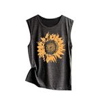 Lazzboy Women Tank Top Print Sleeveless Round Neck Vest Camis Size 8-16 Loose Ladies Blouse Shirt(S(8),Dark Grey-Sunflower)