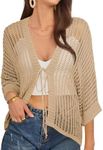 3/4 Length Sleeve Womens Tops Summer Crochet Cardigans Trendy 2025 Light Sweater Cardigan Knitted Front Tie Top Apricot 2XL