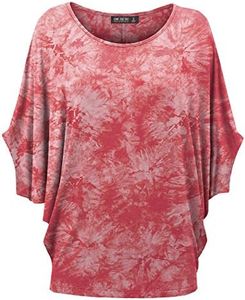 LL WT1096 Womens Tie Dye Scoop Neck Half Sleeve Batwing Dolman Top M Coral