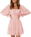 EXLURA Women's 2024 Casual Long Lantern Sleeve Dresses Square Neck Ruffle Tie Back Elastic Waist Aline Short Mini Dress Pink