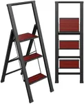 Step Ladder 3 Step Folding, Decorative - Beautiful Mahogany & Black Aluminum, Ultra Slim Profile, Anti Slip Steps, Sturdy-Portable for Home, Office, Kitchen, Photography Use,by SORFEY