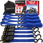 FORTEM Ratchet Tie Down Straps, 4X 4.6m Securing Straps, 4X Soft Loops 748kg Break Strength, Rubber Coated Metal Handles, Plastic Coated Metal Hooks, Carrying Bag (Blue)