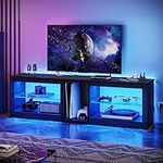 Bestier TV Stand for 70 inch TV with Power Outlets, LED Entertainment Center for PS5, Gaming TV Consoles with Glass Shelves for Living Room, 63'' Inch, Black Carbon Fiber