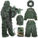 SATXTREM 5 in 1 Ghillie Suit,3D Camouflage Hunting Apparel Including Jacket,Pants,Hood,Carry Bag Suitable for Unisex Kids Adults Youth Men