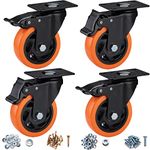 Casters, 4" Caster Wheels，Casters Set of 4 Heavy Duty - ASRINIEY Orange Polyurethane Castors, Top Plate Swivel Wheels, 4-Pack Industrial Casters with Brake, Locking Casters for Furniture and Workbench