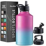 FineDine Triple Walled, Insulated Water Bottles with Straw - 64 Oz Stainless Steel Metal Bottle W/ 3 Leak Proof Lids - For Travel, School, Sports, Gym/Men, Women & Kids - Pacific Blue Rose Blend