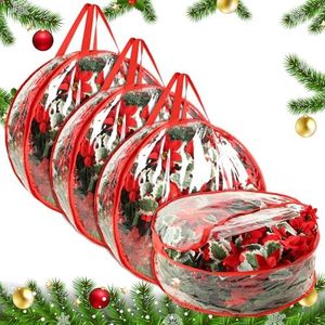 VSIWB 4 Pcs Christmas Wreath Storage Bag, 24 Inch Clear Red Edging Xmas Wreath Storage Container, Garland Holiday Artificial Wreath Storage Holder, Water Proof Transparent PVC with Handles