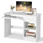 CASART White Computer Desk, Home Office Laptop Table Writing Desk with Drawer, Adjustable Shelf & Keyboard Tray, Compact Study Desk Computer Workstation for Small Space