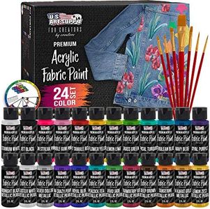 U.S. Art Supply 24 Color Set of Permanent Acrylic Fabric Paint in 2 Ounce Bottles, Plus a 7-Piece Brush Kit - Artists Textile Paint for Clothes, Denim, Canvas, Jeans, Jackets, T-Shirts, Bags, Shoes