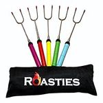 ROASTIES Outdoor Campfire Firepit BBQ Roasting Sticks for Marshmallows, Sausages & S’Mores - 34" Set of Five Bright Colours with Plastic Rotating Handle and Extendable Stainless Steel Prongs