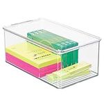 mDesign Plastic Stackable Box for Home, Office Supplies Storage Organizer with Attached Hinged Lid - Holder Container Bin for Note Pads, Gel Pens, Staples, Dry Erase Markers, Tape - 5" High - Clear