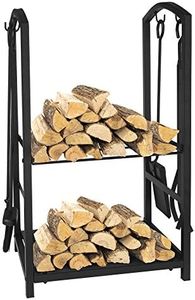 Estante de leña para leña, juegos de herramientas para chimeneas de 4 piezas, portaequipajes para chimeneas de interior al aire libre, almacenamiento, hierro forjado negro