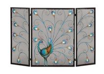 Deco 79 Metal Peacock Foldable Mesh Netting 3 Panel Fireplace Screen with Crystal Accents, 48" x 1" x 32", Black