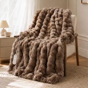 HOMLYNS Heated Blanket Throw, Faux Fur Electric Blanket, Tie-Dye Brown