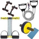 SUREFIT EXERCISE-KIT / Full Body Home Workout Equipment Set for Men & Women / Includes Tummy trimmer Double Spring With Comfertable Foam Grip Handle, Resistance Bands, Push-Up Bar & AB Roller / Ideal for Strength Training, Abs, and Cardio