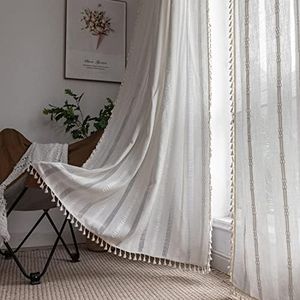 DUIDY 2 Panels Boho Farmhouse Curtains for Bedroom Living Room Semi Blackout Striped Curtains Cotton Linen Window Curtain Panel, Bohemian Chic Tassel Curtain Drapes…