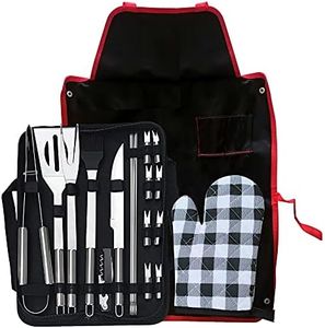 Set Barbecue 20 attrezzi barbecues, kit barbecue con grembiule in regalo e guanti da BBQ, ideale regalo uomo compleanno in acciaio inox utensili barbecue completi, tutti accessori per barbecue
