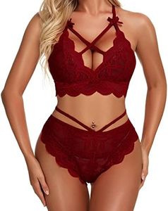 Namifin Women Lingerie Set Lace Bralette and Panty Set Strappy Lace Lingerie, Wine Red, Large