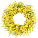 Sggvecsy Spring Wreaths for Front Door 21 Inches Artificial Forsythia Flower Wreath Yellow Daisy Wreath Summer Wreath with Lavender Green Leaves Silk Floral Wreath for Wall Home Indoor Outdoor Decor