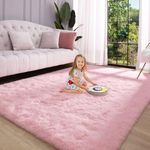 Keeko Premium Fluffy Area Rugs for Living Room Bedrooms, 4x5.3 Pink Washable Bedroom Area Rug Faux Fur Rug High Pile Extra Soft and Cute Carpet Indoor Rug for Girls Kids Nursery Baby Room Decor