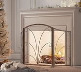 Kingson 3-Panel Arched Childproof Fireplace Screen Decorative, Handcrafted Scroll Wrought Iron Fireplace Spark Guard Cover- Brushed Copper