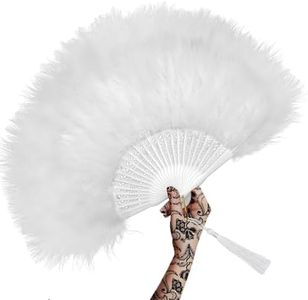 OMyTea 1920s Feather Fan for Women - Vintage Folding Hand Fan - Flapper Accessories for Great Gatsby Party, Harlem Nights, Costume, Boudoir Props, Wedding, Decoration, Dancing (White)