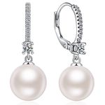 Pearl Earrings, Pearl Dangle Earrings Silver Pearl Earring for Women Sterling Silver Pearl Drop Earrings Pearl Leverback Earrings Pearl Hoop Earrings 8MM Women Pearl Earrings Dangling Han han