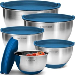 Priority Chef Premium Mixing Bowls With Airtight Lids Set, Thicker Stainless Steel Mixing Bowl Set, Large Prep Metal Bowls with Lids, Nesting Bowls for Kitchen, 1.5/2/3/4/5 Qrt, Blue