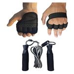 CRUXFITT Neoprene Weight Lifting Gym Grips Pads Hand Training Bar Straps Wrap Gloves with Adjustable Skipping Ropes Combo Pack - Palm, Black