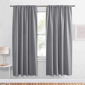 PONY DANCE Bedroom Blackout Curtains - Window Covering Set Home Decoration Curtains Light Blocking Solid Rod Pocket Drapes for Bay Windows, 52 by 63 in, Silver Grey, 2 Pieces