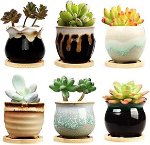 MOTYYA 2.5 Inch Small Ceramic Succulent Pots with Drainage, Mini Plant Pot Flower Cactus Planter Pots with Round Bamboo Tray, Flowing Glaze Base Serial Set with Holes, Home, Office Decor, Pack of 6