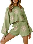 Ekouaer Women's Lounge Set Floral Knit Long Sleeve Top and Shorts Pullover Nightwear Lounge Pajama Set with Pockets Floral Green L