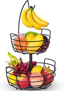 Fruit Basket, Auledio Fruit Bowl 2 Tier Fruit Basket for Kitchen with Banana Hanger, Fruit Bowl for Kitchen Counter Bread Basket Fruit Holder