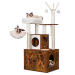 Heybly Cat Tree, Wood Litter Box Enclosure with Food Station, All-in-one Indoor Cat Furniture with Large Platform and Condo, Modern Style Cat Tower, Hammock, Rustic Brown HCT102SR