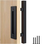 FaithLand 12" Barn Door Handle with Flush Finger Pull, Pull and Flush Door Handle Set in Black, Square - Fit Doors Up to 2 3/8''