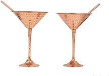 Bold & Divin Handmade Hammered Pure Copper Martini Globlets | with Exquisite Reinforcement Ring & Pure Copper Straws | Set of 2 | 9.5 Oz | Glasses for Wedding, Valentines Gift