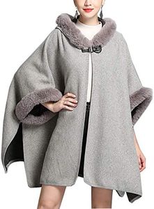 Flygo Women's Luxury Batwing Sleeve Faux Fur Hooded Cloak Poncho Sweater Cape Outwear, Grey, One Size