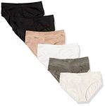 Warner's Women's Blissful Benefits Dig-Free Comfort Waist with Lace Cotton Hipster 6-Pack Ru2266w, Toasted Almond/Black/White/Bodytone Polda Dot/Stone Crystal Web/Black, Large