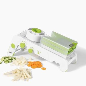 Starfrit Cubing Pro Mandoline Slicer, Dicer - 4 Blades & Graters with Storage Box - Straight & Crinkle V-Blades, Fine & Coarse Graters - 10 Thickness Settings, 3 Julienne Sizes - Self-Feeding Pusher
