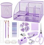 15 Pcs Purple Office Supplies Set Mesh Desk Organizer Accessories Kit Include Stapler Tape Dispenser Staple Remover Clips Ruler Scissors Sticky Notes for Office School Home Women (Purple)