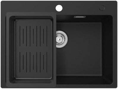 CECIPA Lavandino Cucina Nero in Granito 60 x 45cm, Lavello Cucina 1 Vasca con Colino Cestello, Lavabo Cucina per Armadio da Cucina da 60cm, con Sifone Classico e troppopieno