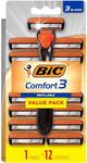 BIC Comfort 3 Refillable Three-Blade Disposable Razors for Men, Sensitive Skin Razor for a Comfortable Shave, 1 Handle and 12 Cartridges With 3 Blades, 13 Piece Razor Kit