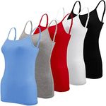 BQTQ 5 Pcs Women's Camisole Tank Top Undershirt Spaghetti Strap Basic Camisoles, Black, White, Gray, Skyblue, Red, Medium