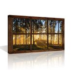 Kolo Wall Art Large Retro Vintage Fake Window Frame Sunshine Forest Painting Prints Framed and Stretched Picture Artwork for Living Room(Not Real Window Wooden Frame, Only Print on Canvas)