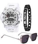 SELLORIA A BRAND A Boy's white dial Combo Pack of Black digial Stainless Steel Watch with Sunglass with Black King Bracelet Combo Set for Men Digital-Watch - for Boys