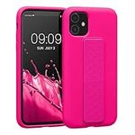 kwmobile Case Compatible with Apple iPhone 11 - Case with Hand Strap and Stand Soft TPU Silicone Coating - Neon Pink