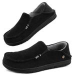 FamilyFairy Men's Moccasin Slippers Corduroy Breathable Memory Foam House Shoes Anti-Slip Indoor Outdoor Black, 12