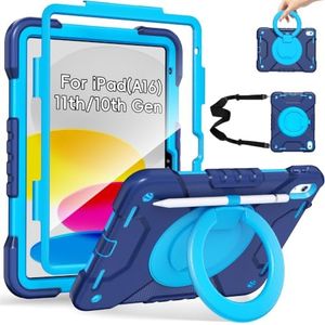 Andnary Case for iPad (A16) 11th Generation 11 inch 2025/10th Generation 10.9 inch 2022, Shockproof Cover with Screen Protector/360° Rotate Handle/Bracket/Pen Holder/Shoulder Strap (Navy+Blue)