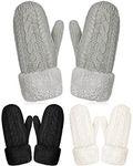 SATINIOR 3 Pairs Women Mittens Winter Gloves Warm Fleece Lining Mittens Cozy Thick Crochet Cable Knit Gloves Mitten Cold Weather Gloves for Women, Black, White and Grey, about 10 x 3.9 inches